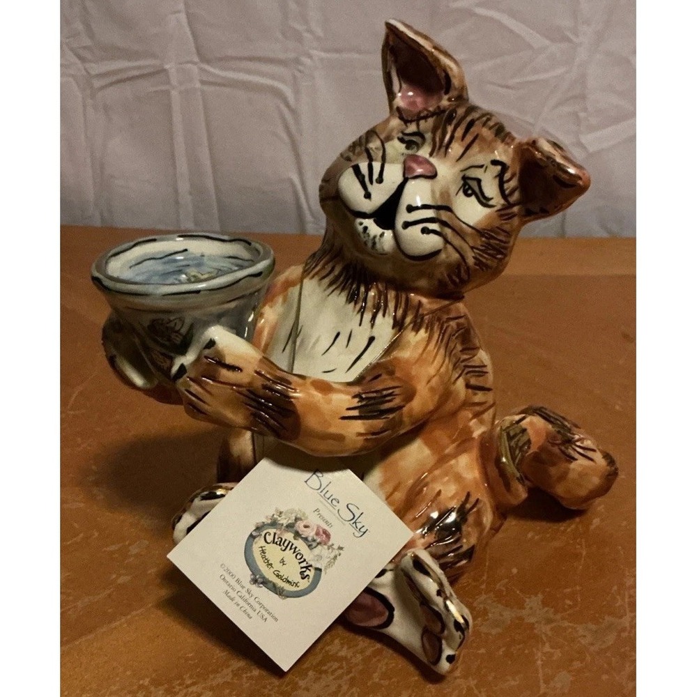 Heather Goldminc Blue Sky 2000 Clayworks Cat Figure Tealight Candle Holder W/Tag